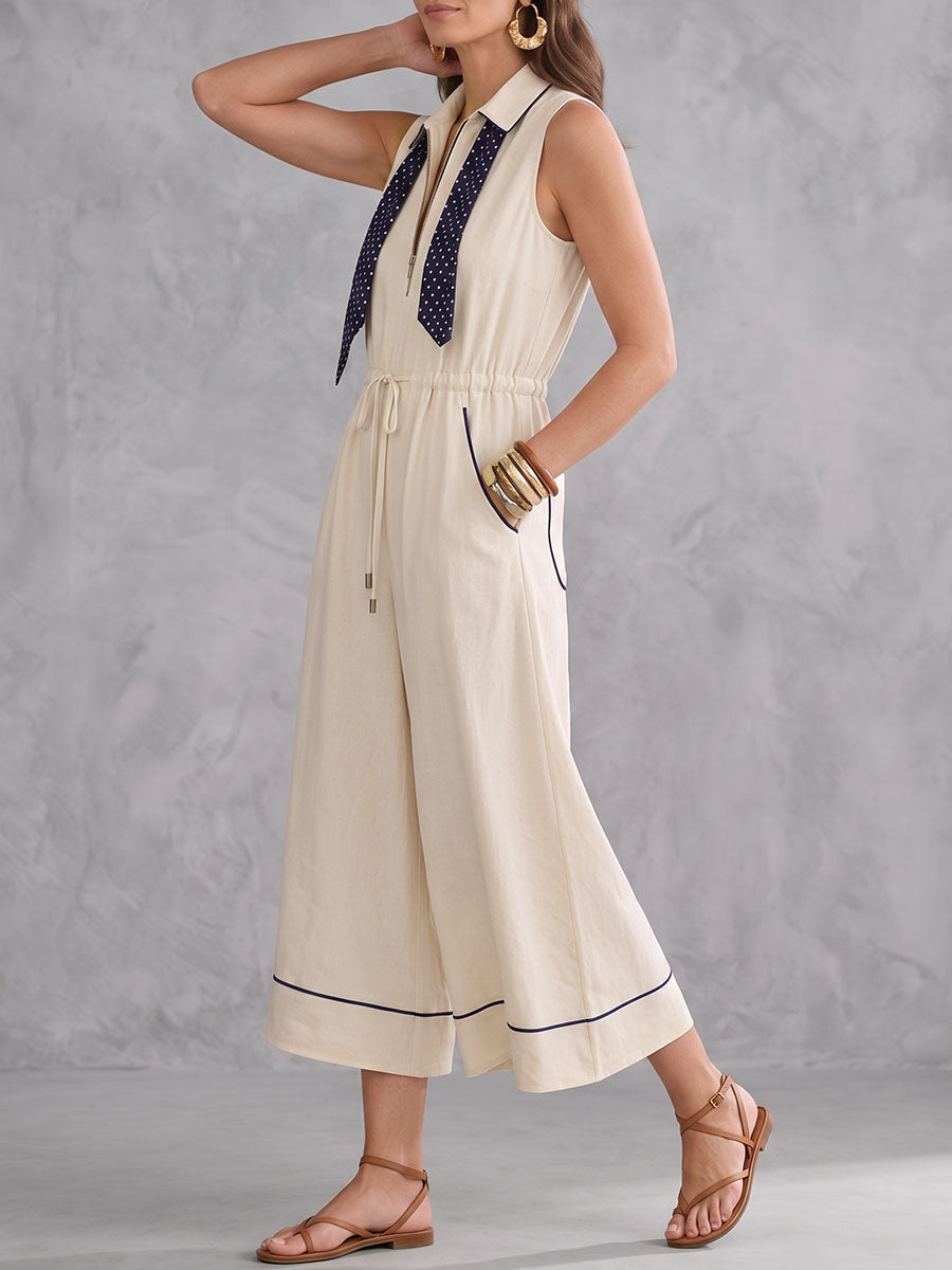 Zipper Pockets Elasticity Drawstring Contrast Color Wide Leg Sleeveless Lapel Jumpsuits