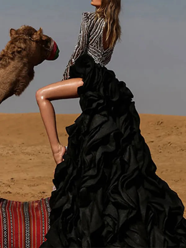 Fashion Stand Collar Silver In Black Asymmetric Evening Mini Dress