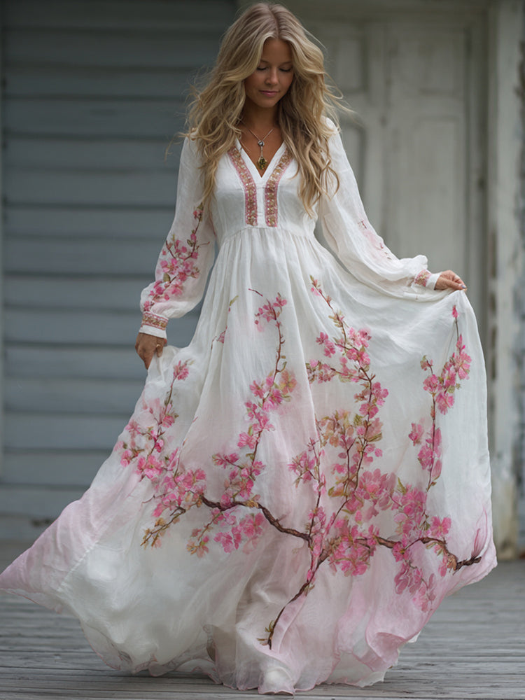 Vintage Japanese Plum Blossom Art Linen Blend Dress