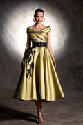Pleated bodice embroidered midi dress