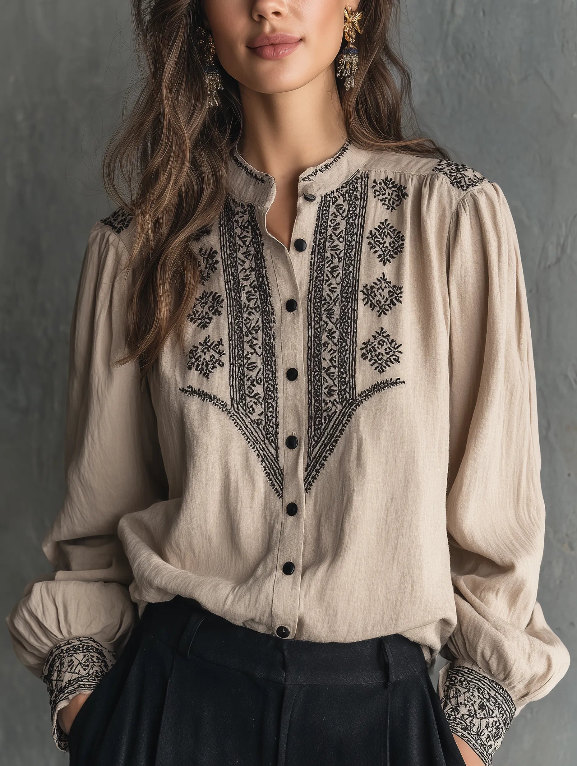 Classic Beige Embroidered Button-Up Blouse