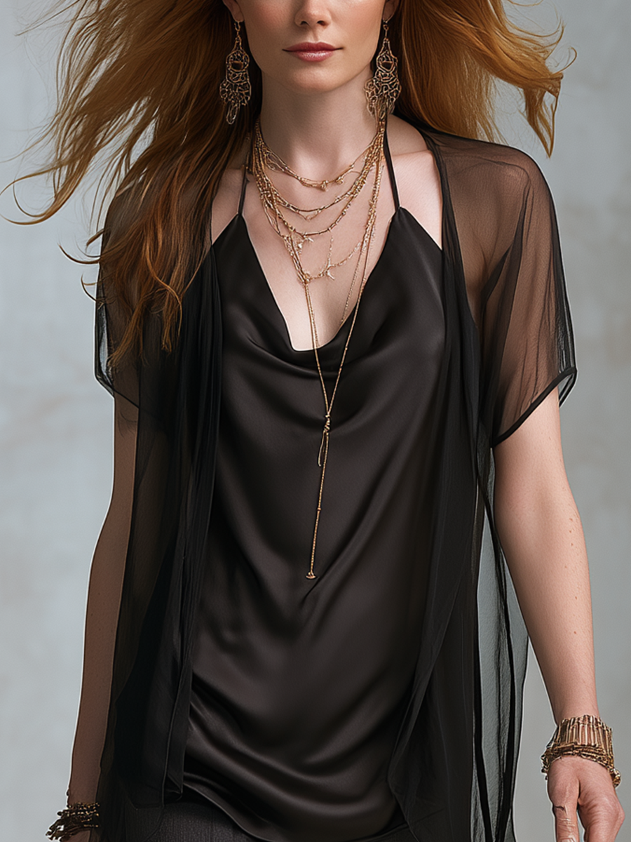 Elegant Black Satin Draped Neck Vest And Tulle Jacket Set