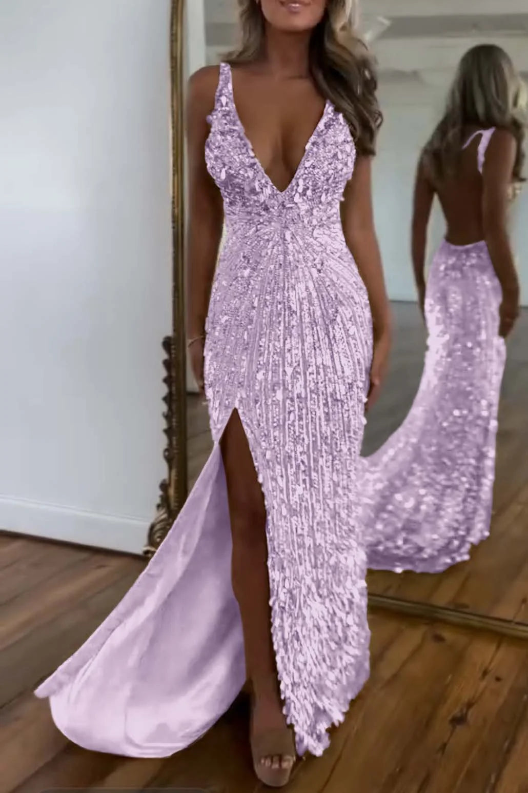 Charming Gold Sequins Spaghetti Strap Sleeveless V Neck Long Prom Dress with Split