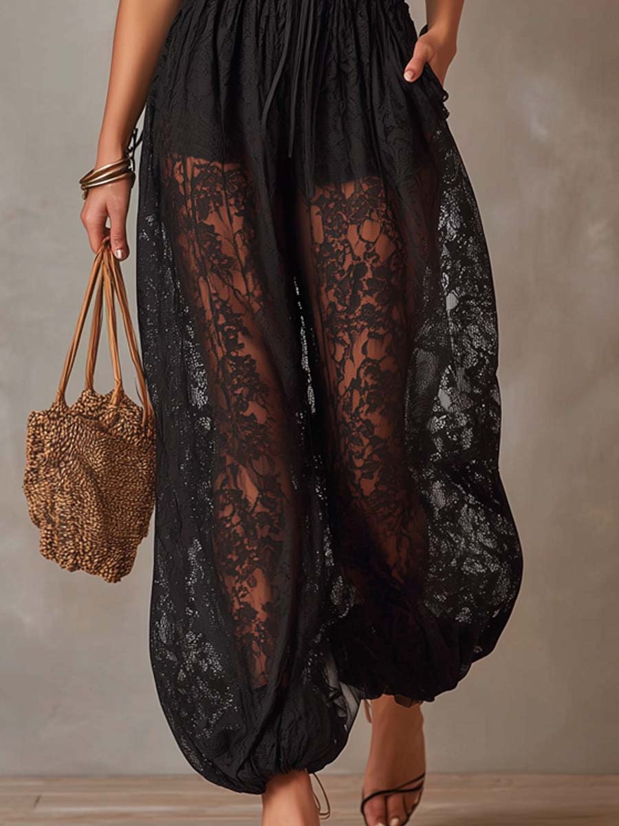 Vintage Lace Fabric Spaghetti-Strap Jumpsuit