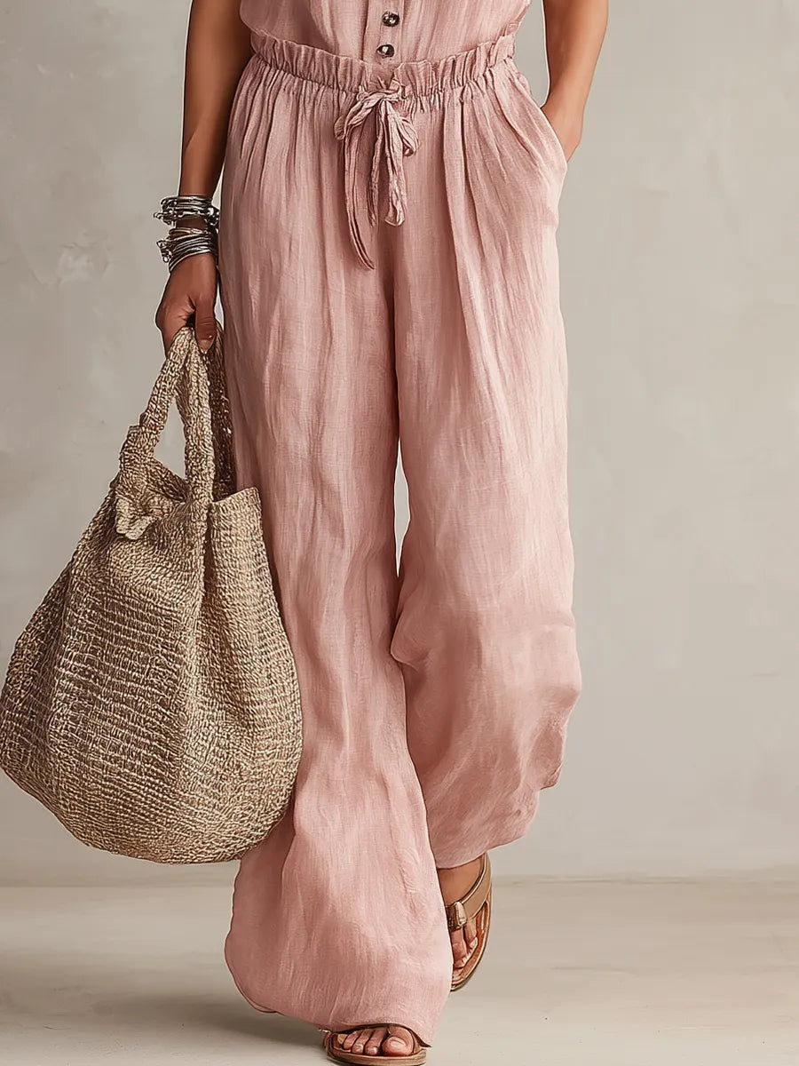 Casual Dusty Pink Button-Front Pant Set