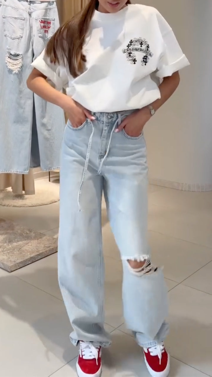 Light Wash Distressed Drawstring Baggy Jeans