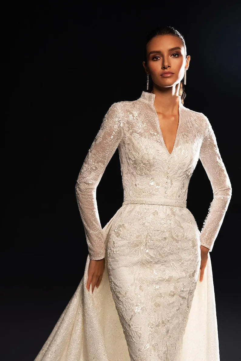 Mermaid wedding dress, V-neck high-neck long-sleeved wedding dress, two-in-one sparkling wedding dress