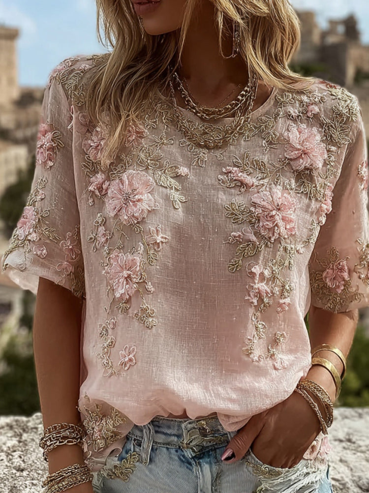 Women's Pink Flower Embroidery Art Round Neck Short Sleeve Linen Blend T-shirt