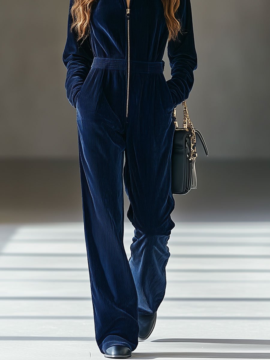 [24-hour shipping out]Casual Loose Vintage Corduroy Elastic Waist Zipper Jumpsuit