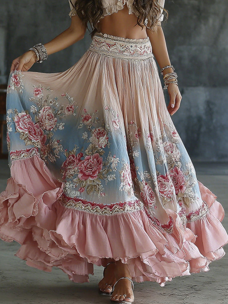 Women's Vintage Spring Floral Embroidered Art Print Flowy Linen Blend Casual Skirt
