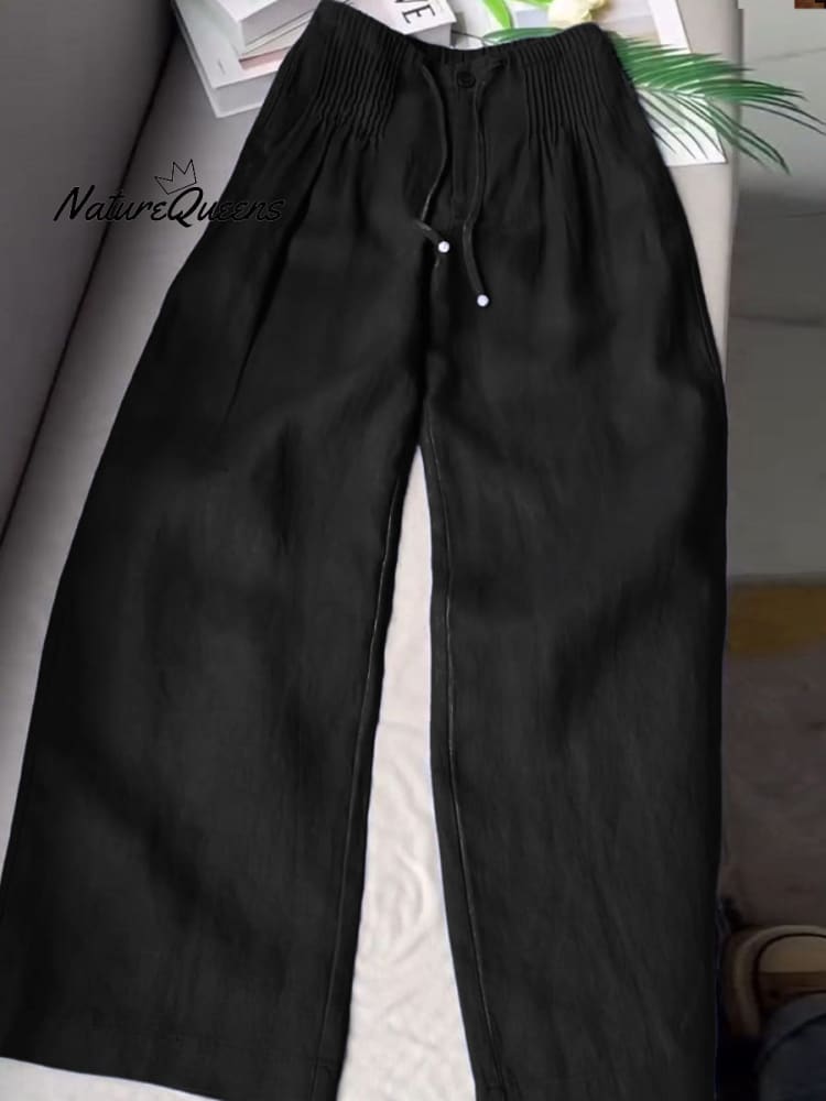 ?Limited time promotion Women's Solid Color Pleated Drawstring Casual Cotton and Linen Wide Leg Pants