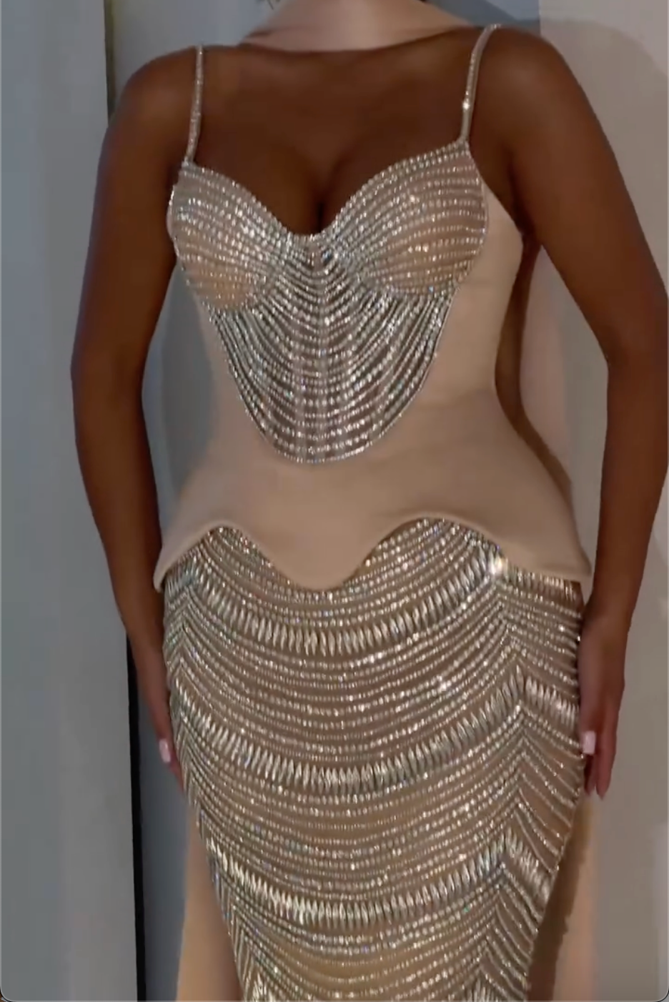 Spaghetti Strap Sweetheart Peplum Rhinestone Sheer Mermaid Evening Gown, Nude Tone Wave Beaded Formal Maxi Dress