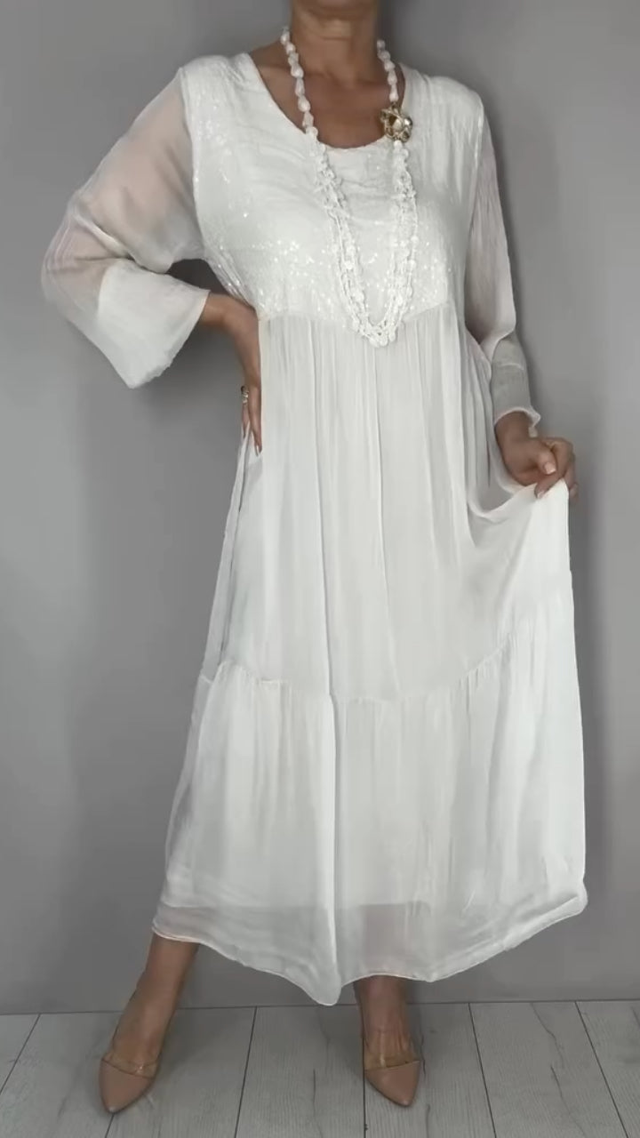 White Sequin Round Neck Chiffon Midi Dress