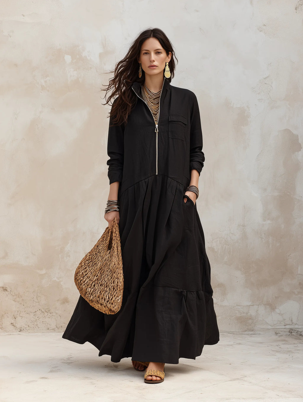 Effortless Boho Linen Zip-Front Tiered Drop-Waist Black Maxi Dress