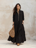 Effortless Boho Linen Zip-Front Tiered Drop-Waist Black Maxi Dress