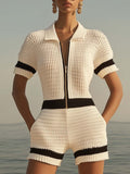 [24-hour shipping out]Breathable Fashion Front Zipper Short Sleeve Knit Shorts Jumpsuit