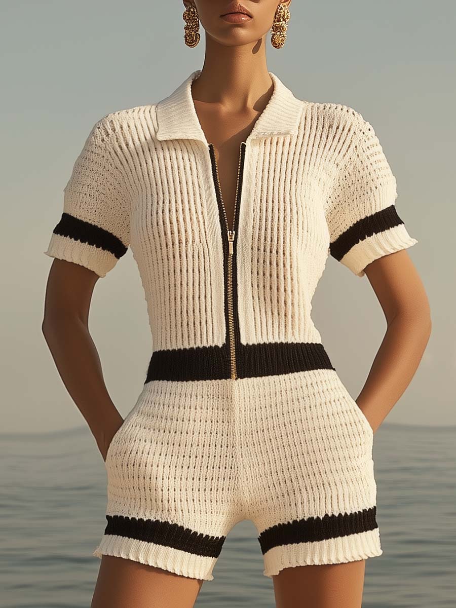 [24-hour shipping out]Breathable Fashion Front Zipper Short Sleeve Knit Shorts Jumpsuit