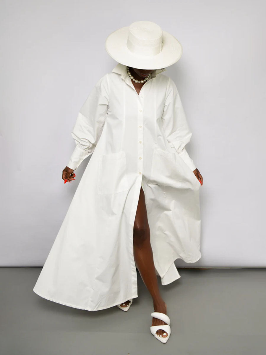 Split-side Split-front Solid Color Pockets Buttoned Loose Long Sleeves Lapel Shirt Dress Maxi Dresses