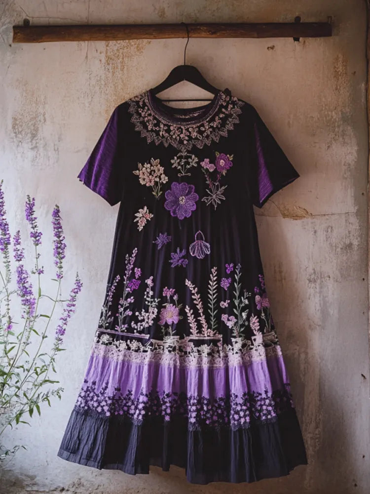 Bohemian Lavender Gradient Embroidery Patchwork Art Linen Round Neck Midi Dress