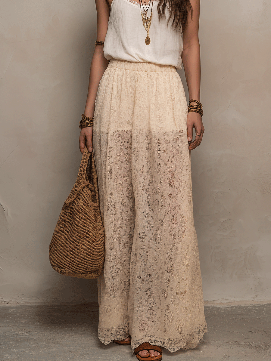 Elegant Vintage-Inspired Vacation Pearl Ivory Top And Skirt Set