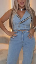 hinestone Denim Crop Top & Flare Jean Set