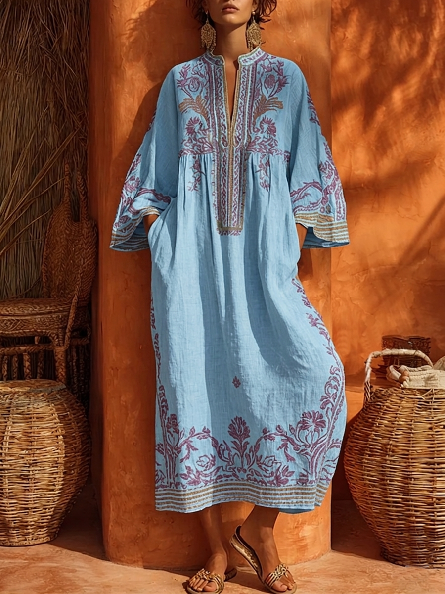 Bohemian Floral Print Cotton-linen Maxi Dress