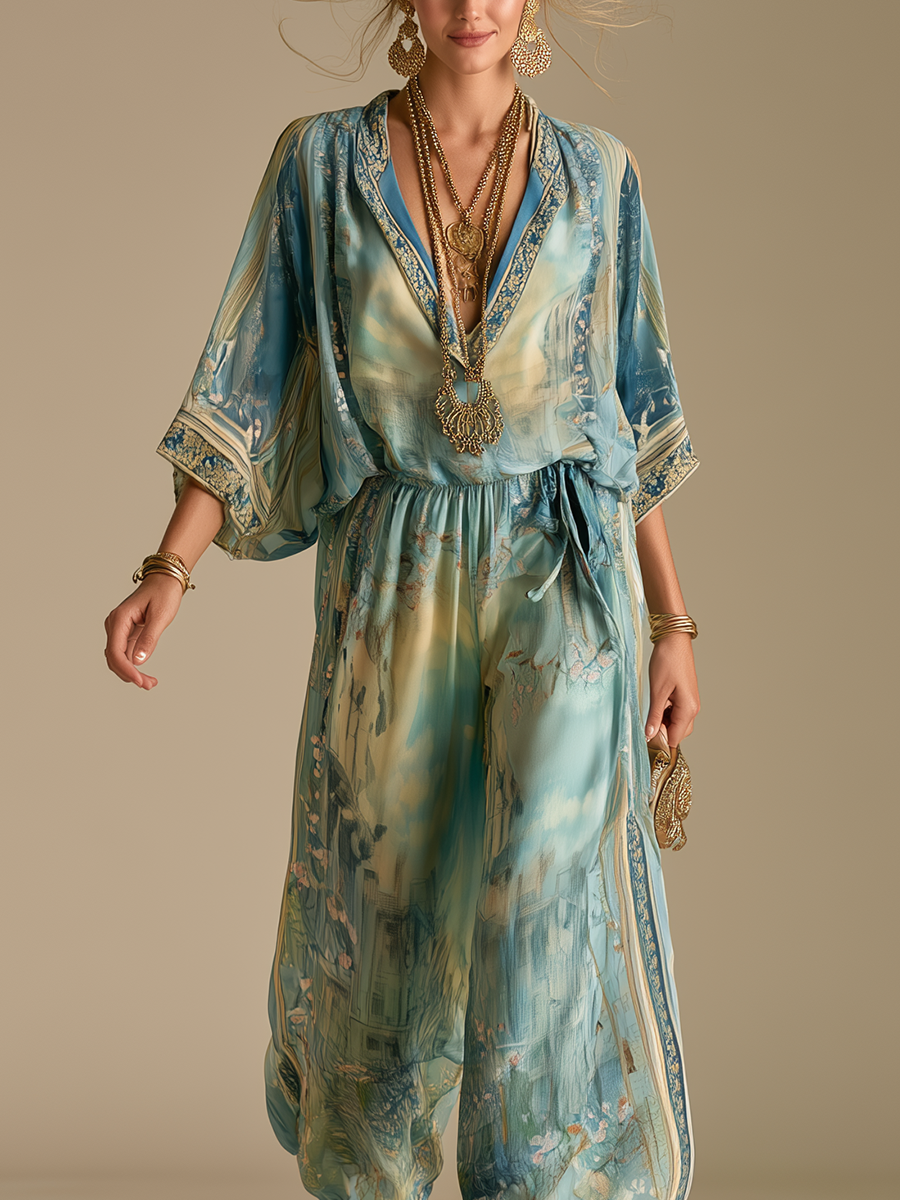 Turquoise Baroque Print Jumpsuit