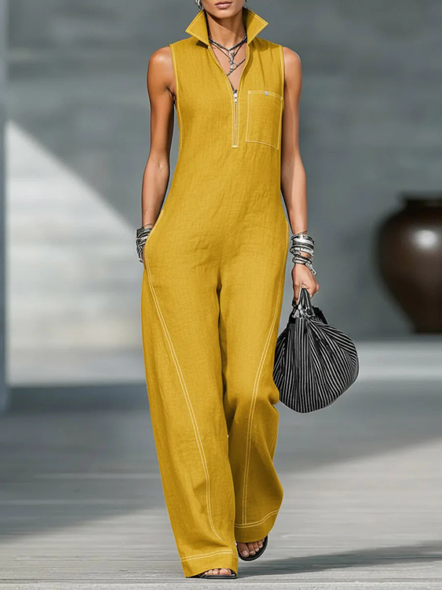 Modern Stand-Collar Denim Jumpsuit - Sleeveless Half-Zip Wide Leg One-Piece Romper