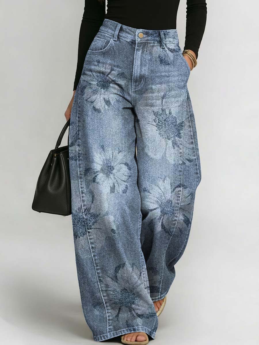 Women's Floral Pattern Art Print Casual Stylish Denim Pants