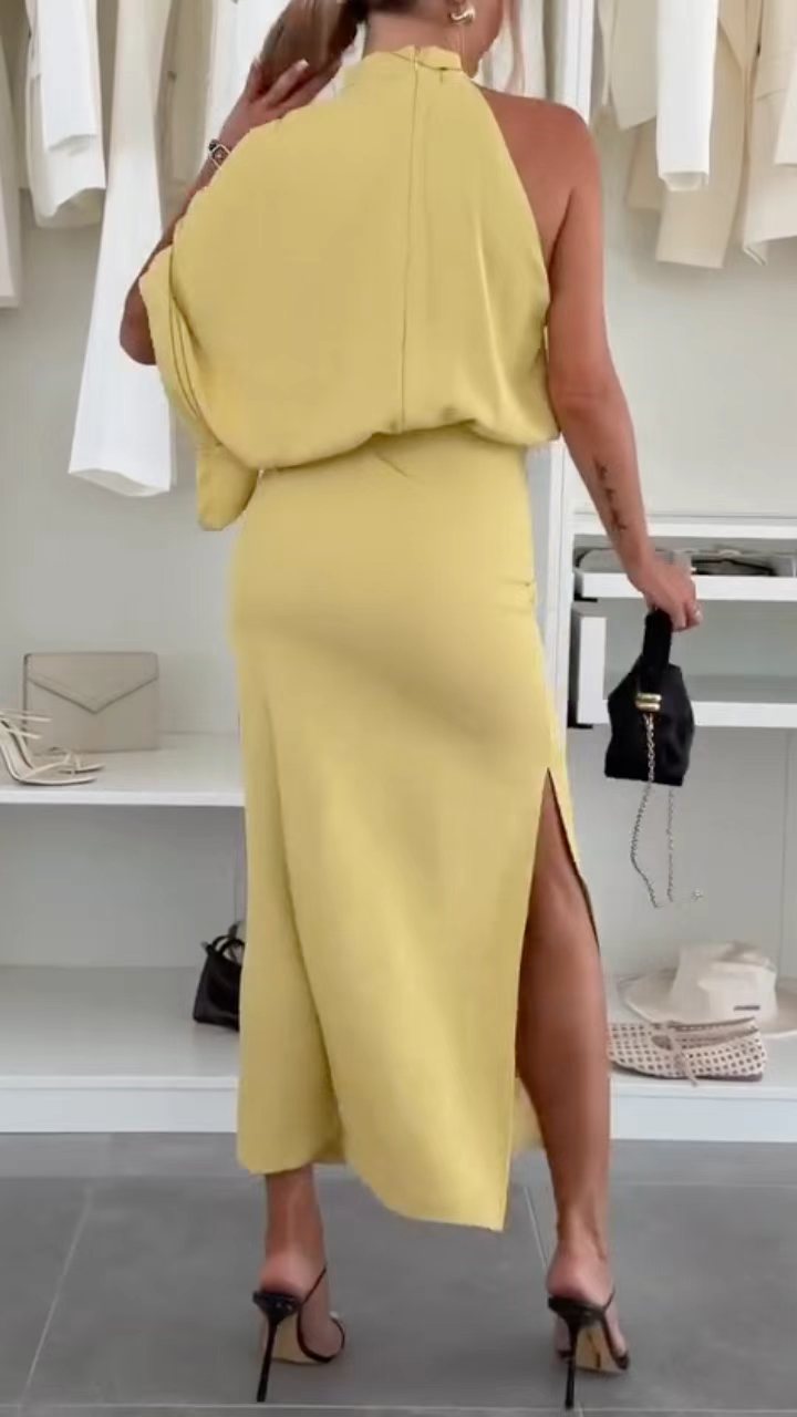 One Shoulder Ruched Waist Bodycon Slit Long Dress