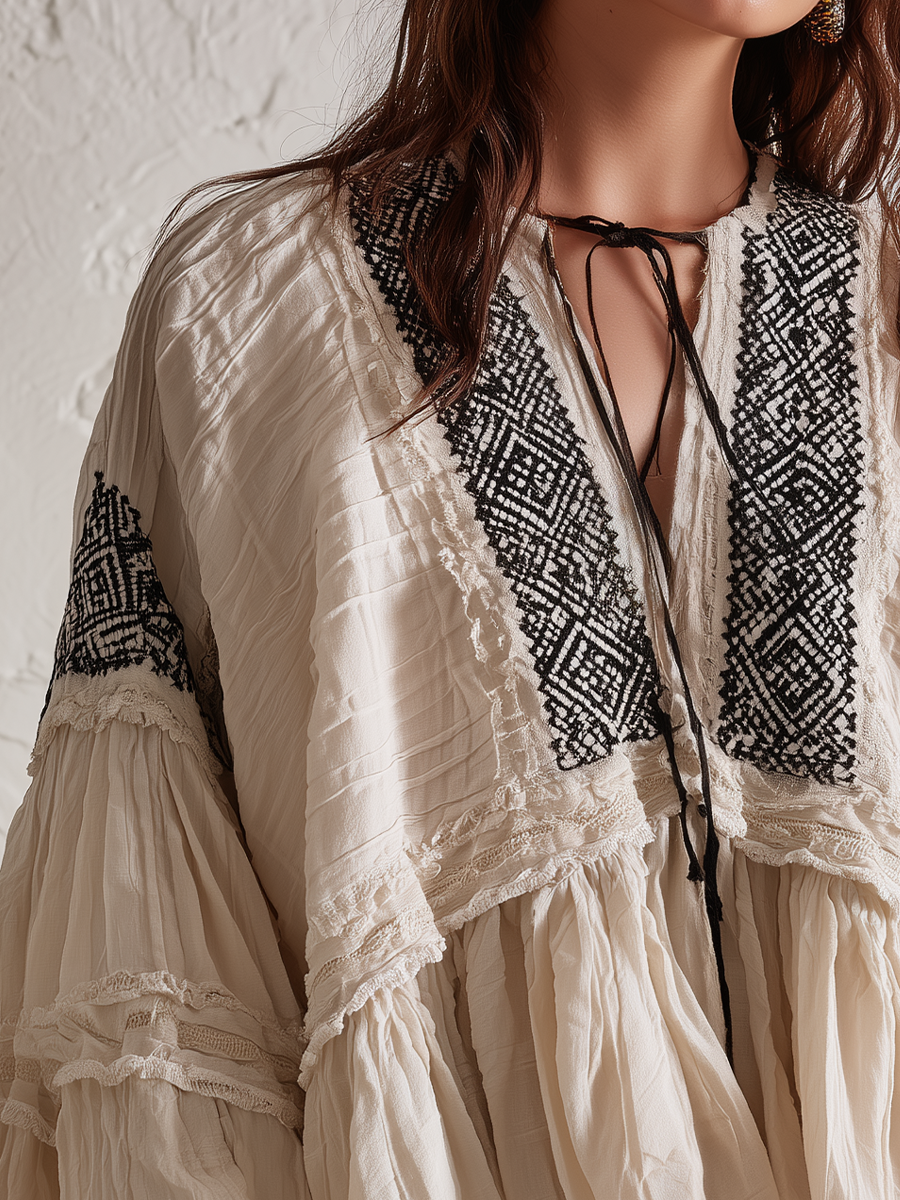 Bohemian Ivory Embroidered Ruffle Blouse