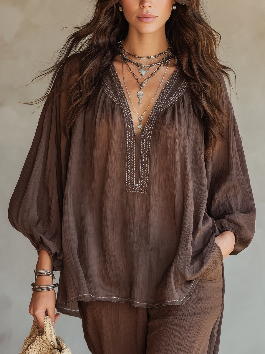 Bohemian Brown Embroidered V-Neck Blouse