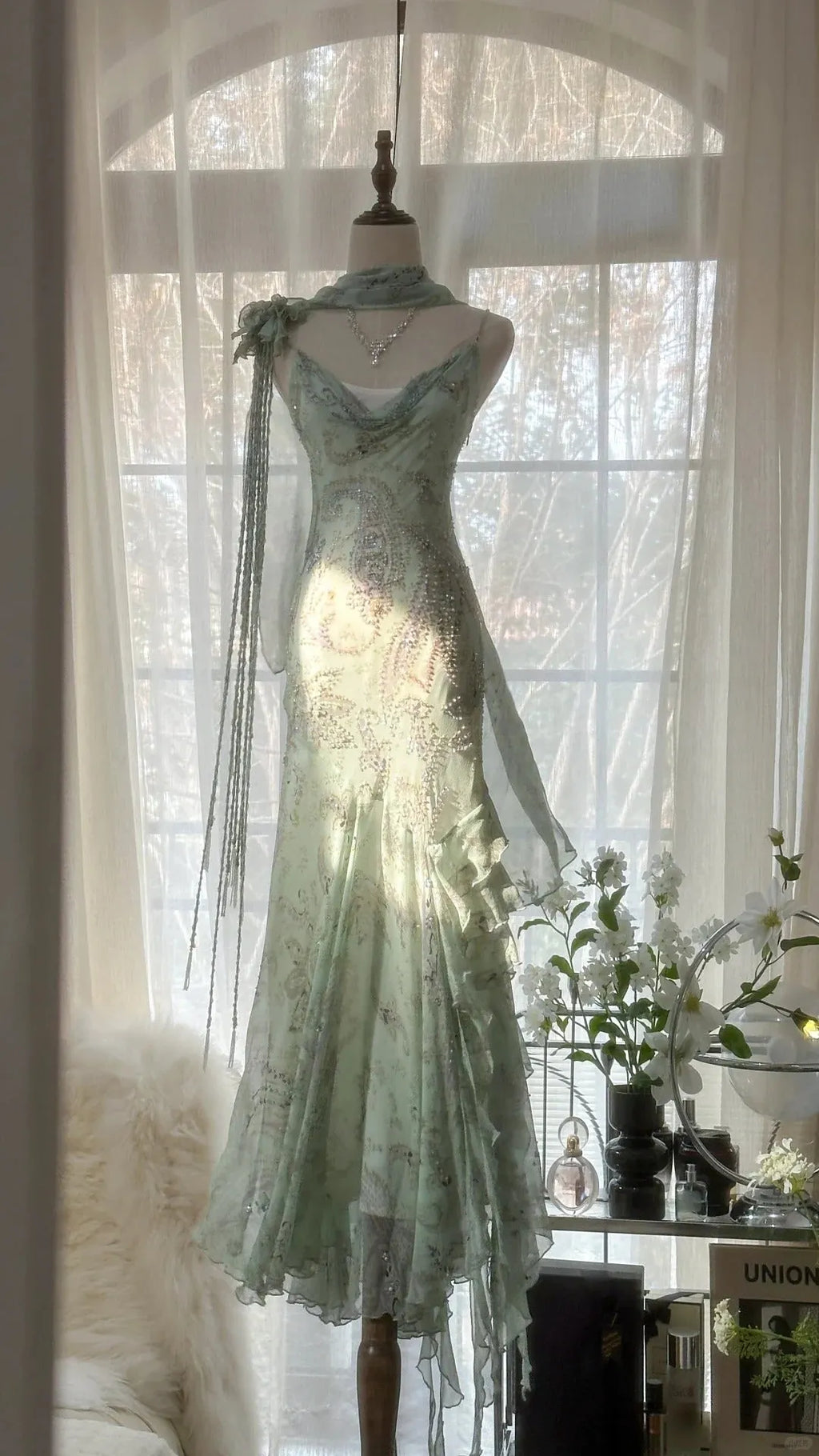 Mint Green Romantic Fashion Elegant Exquisite Beading Spaetti Straps Long Tulle Chiffon Ruffle Ball Gown Evening Dress Party Dress 4058