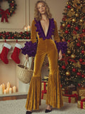 Fashion Party Purple Ruffle Long Sleeve Flared Gold Velvet Jumpsuit
