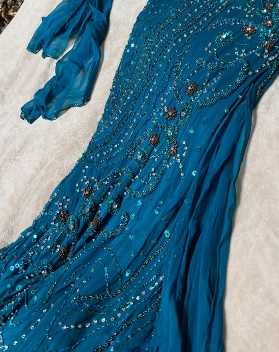 Blue delicate beaded chiffon long dress