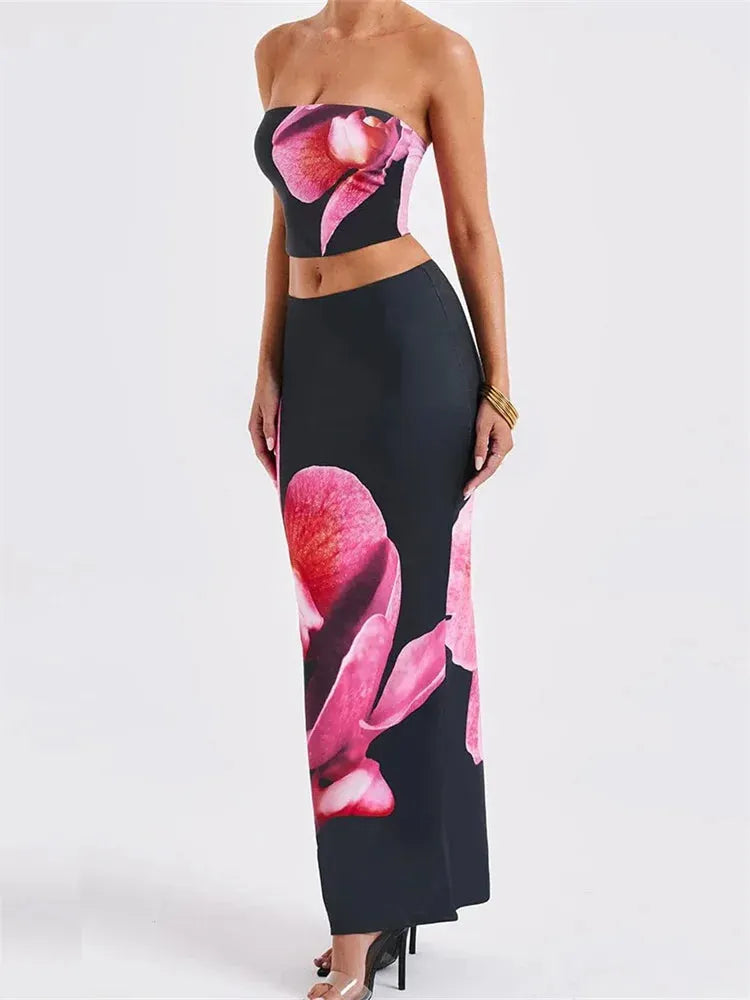 Solenne Two-Piece Floral Print Co-Ord – Strapless Bandeau Crop Top & Maxi Skirt Set in Pink Orchid Print
