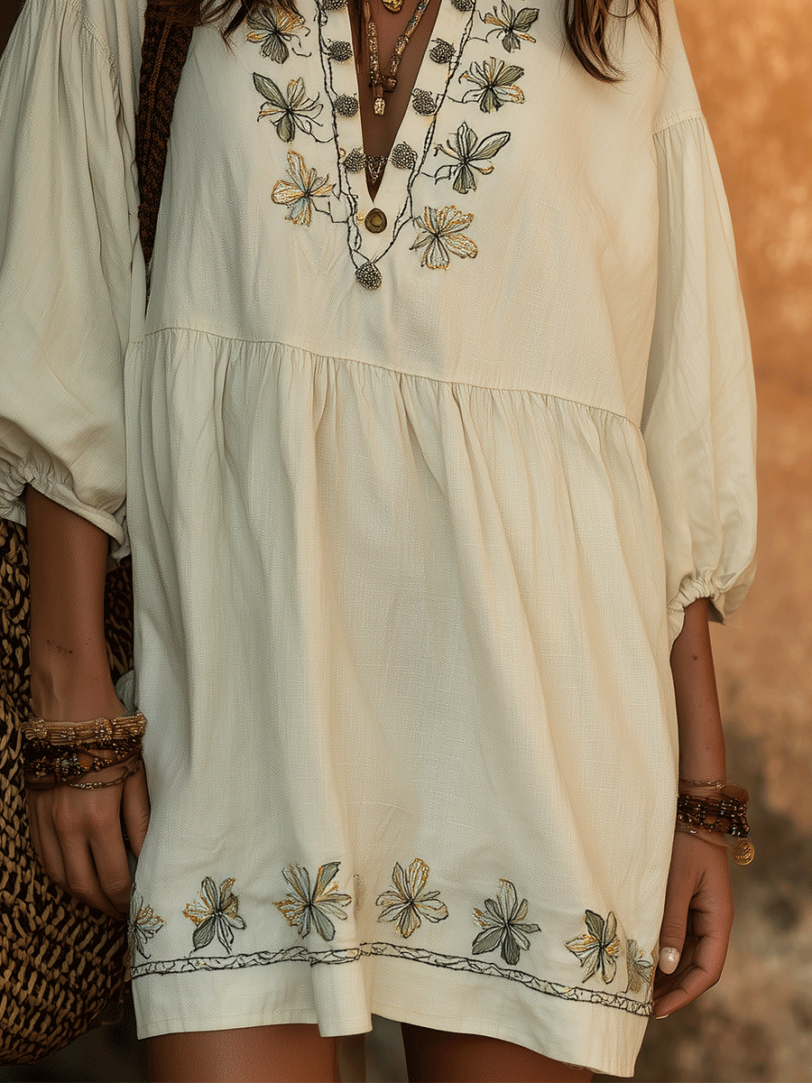 Chic Ivory Botanical Stitch Lightweight Flowy Casual Summer Mini Dress