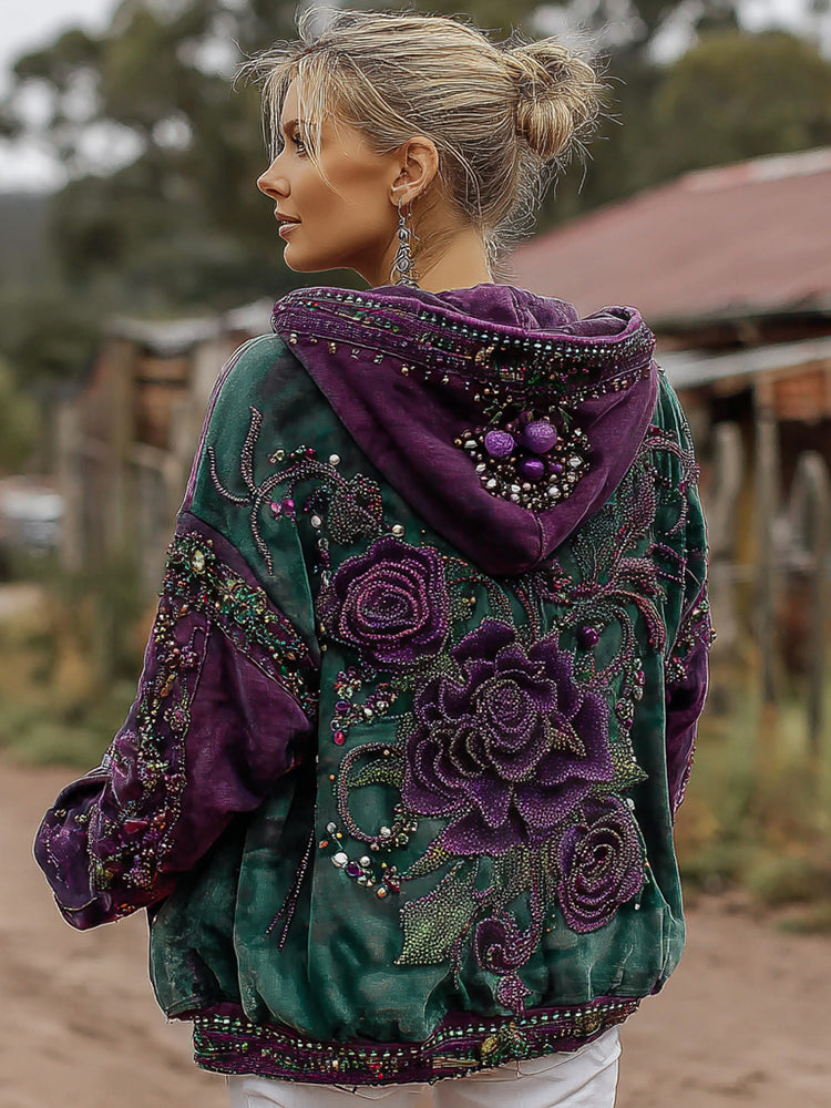 Women's Retro Purple Rose Contrast Pattern Casual Hoodie