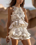 Stylish Color Block Crochet Split Ruffle Mini Dress