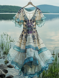 Summer Vacation Ruffle Lace Contrast Color Dress e612