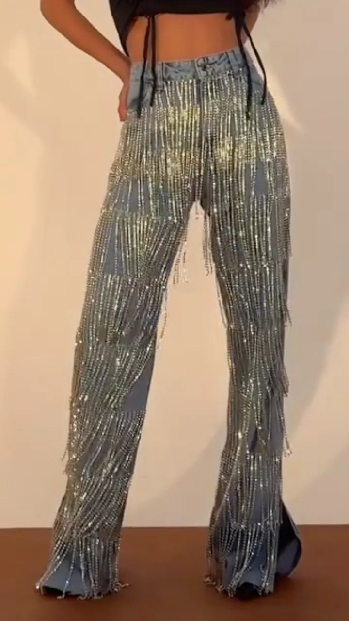 Rhinestone Fringe Flare Jeans