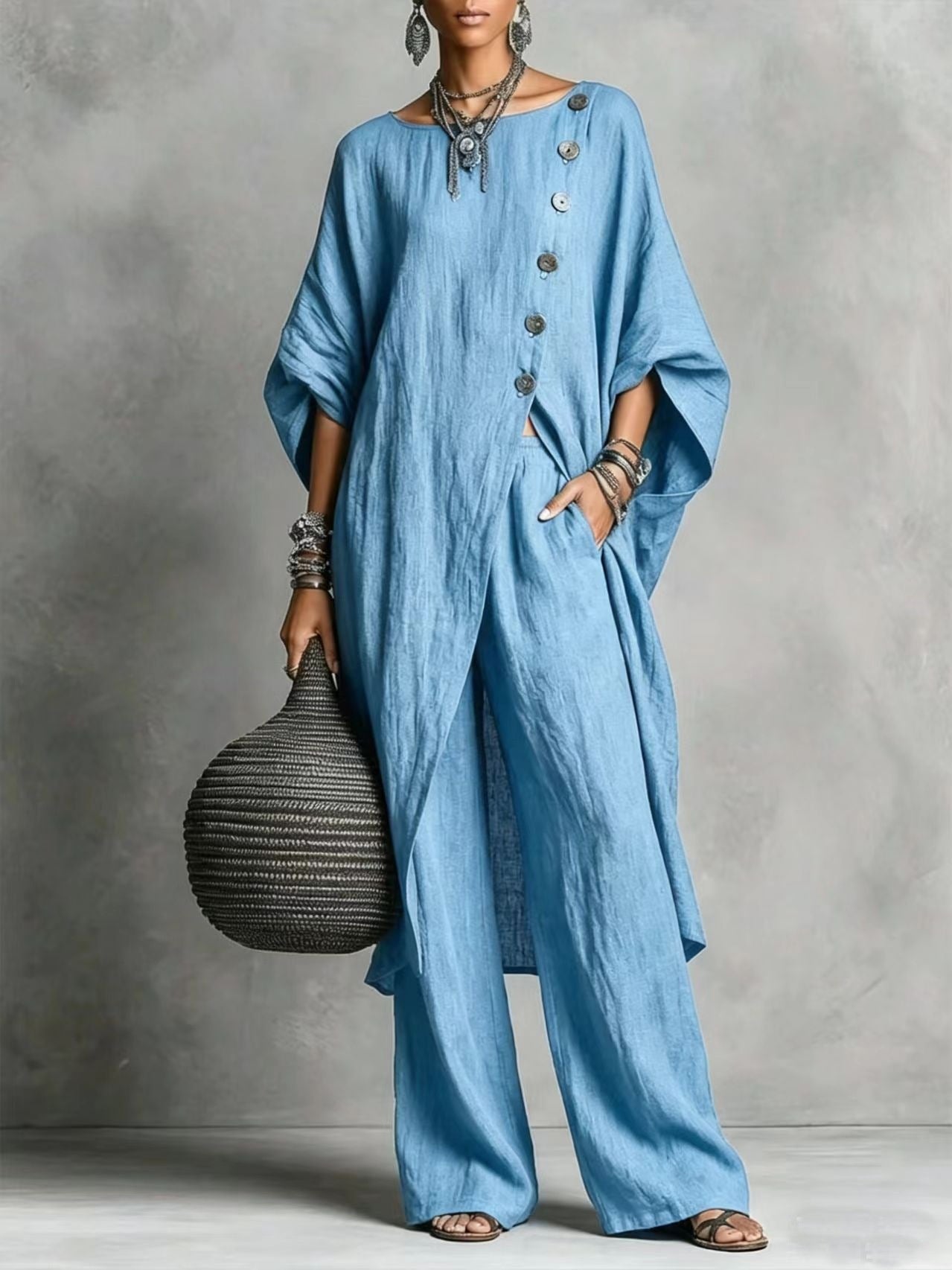 Linen Oversized Tunic & Wide‐Leg Pants Co‐Ord Set