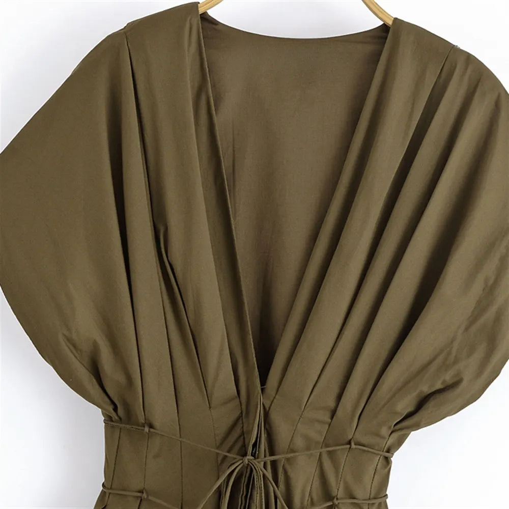 Salomé Pleated Kimono Sleeve Maxi Dress – Structured A-Line Occasion Gown with Waist Tie