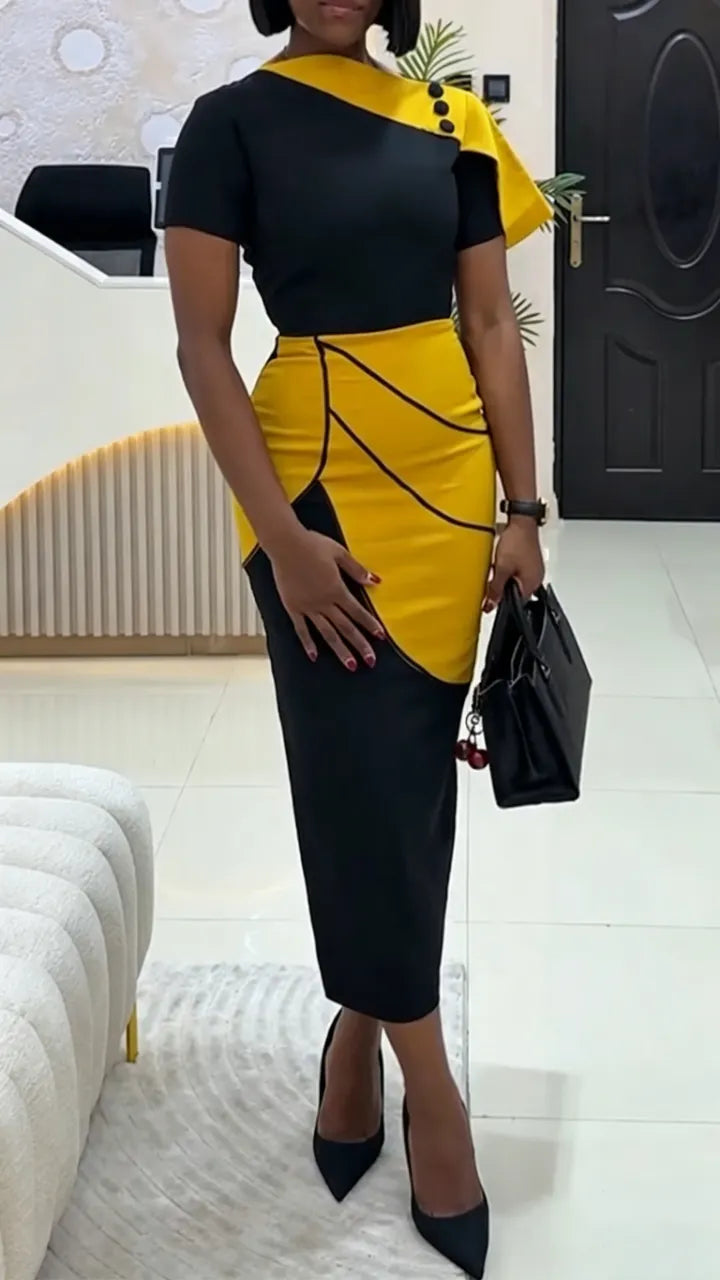 Women Round Neck Contrasting Color Waist Cinching Elegant Temperament Dress