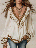 Elegant Vacation Vintage-Inspired Lace Trim Ruffle Blouse