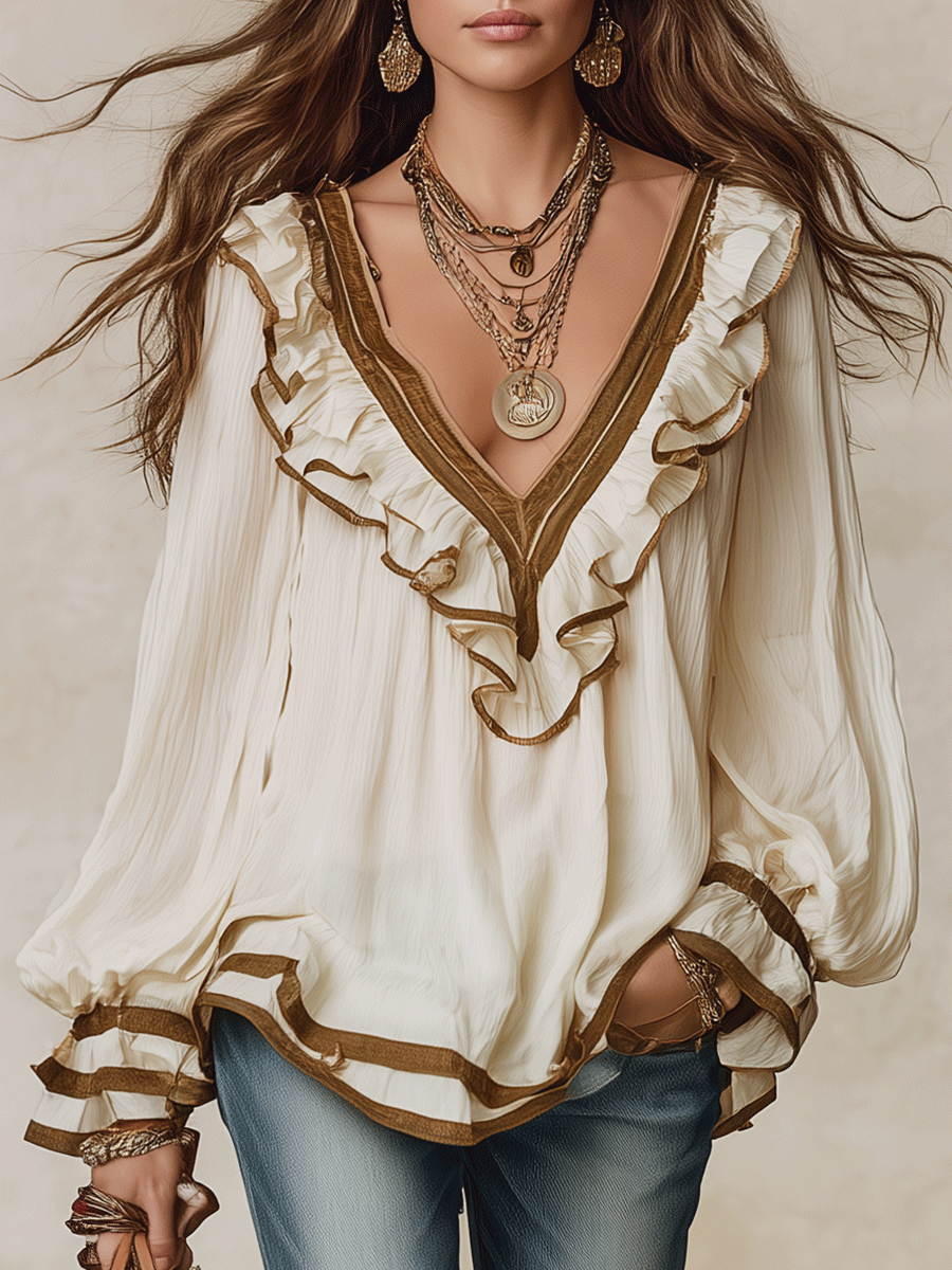 Elegant Vacation Vintage-Inspired Lace Trim Ruffle Blouse