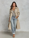 Effortless Chic Cotton-Twill Double-Breasted Belted Khaki Longline Trench Coat