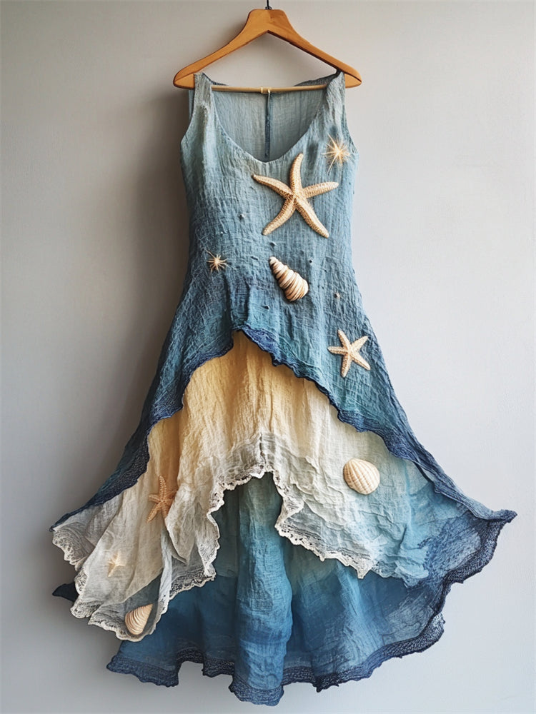 Starfish & Sea Shells Embroidered Sea Waves Layered Flowy Linen Dress