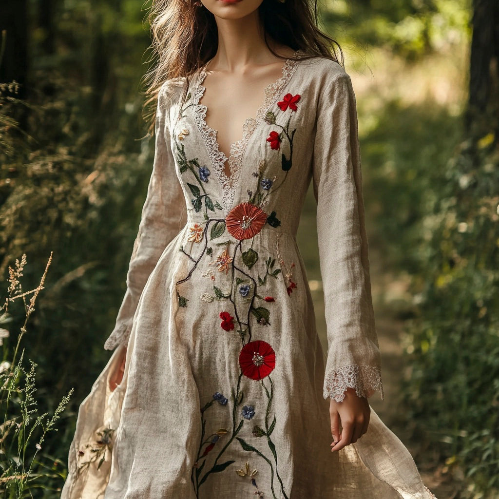 Vintage Forest Floral Embroidery Art Women's Linen Flowy Maxi Dress