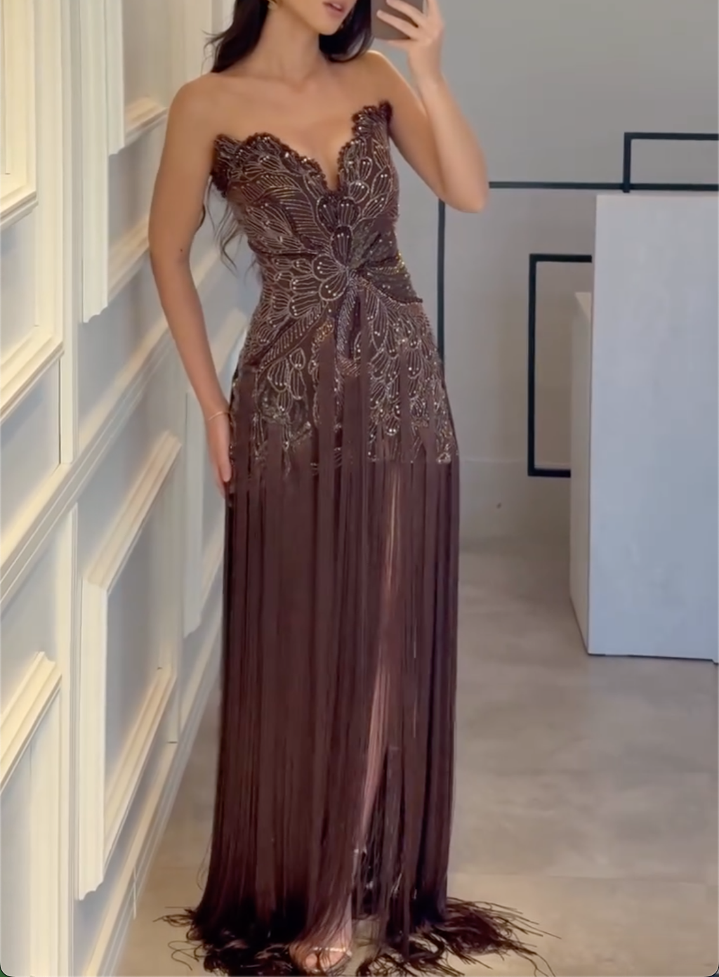 Coffee Brown Strapless Leaf Beaded Fringe Maxi Evening Dress, High Slit Formal Prom Gown